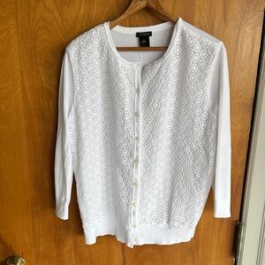 Ann Taylor White Lace-Pattern Button-Front Cardigan